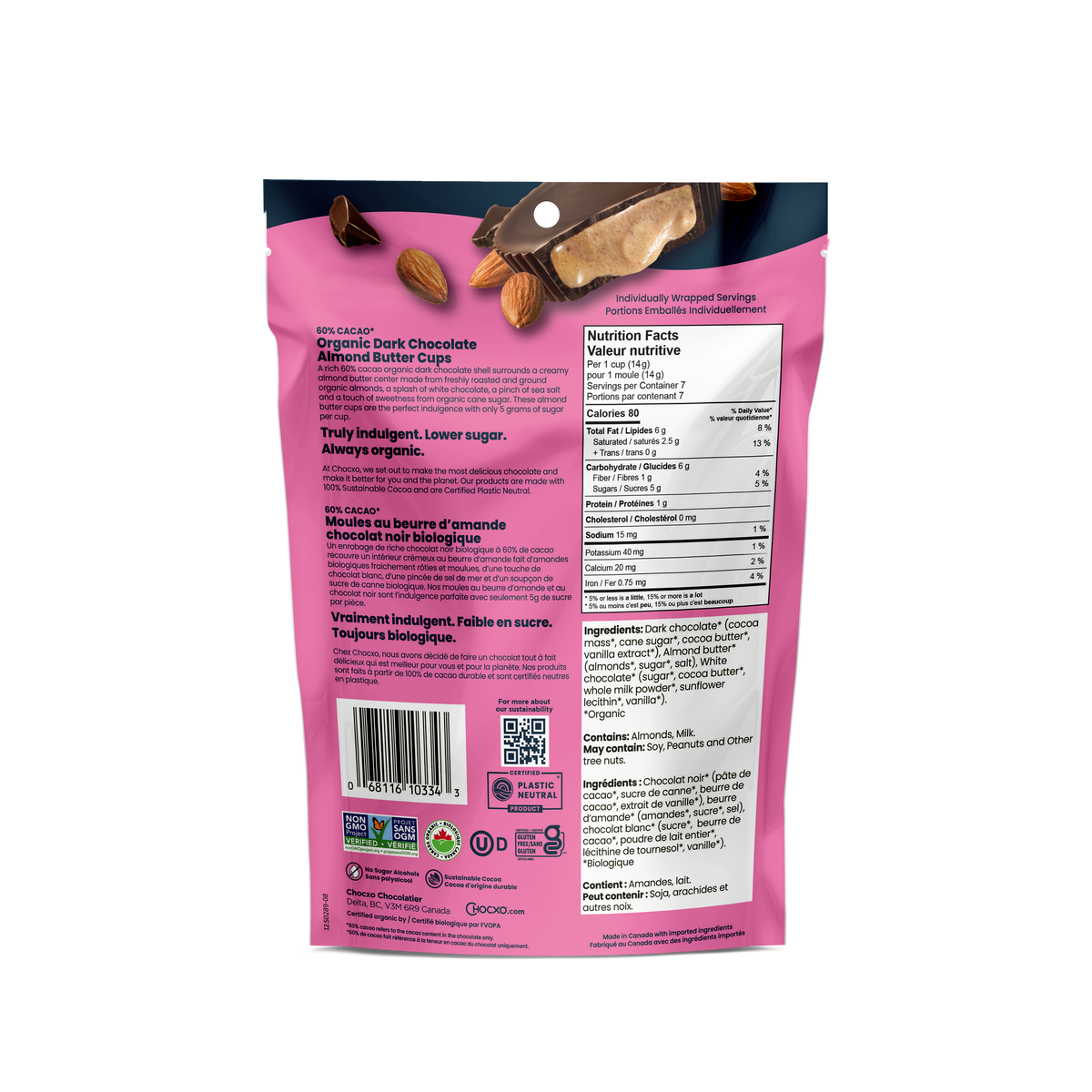 Dark Chocolate Almond Butter Cups - back of bag with nutrition facts