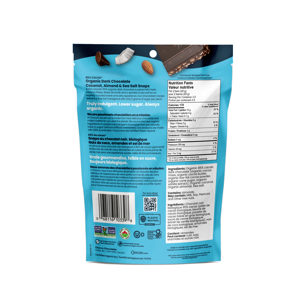 Coconut, Almond & Sea Salt Snaps - back of bag with nutrition facts