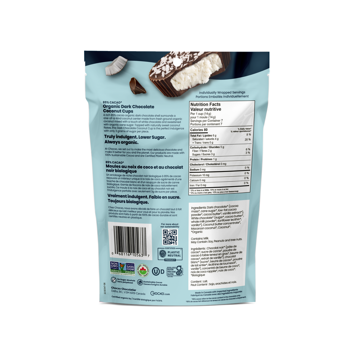 Dark Chocolate Coconut Cups - back of bag with nutrition facts