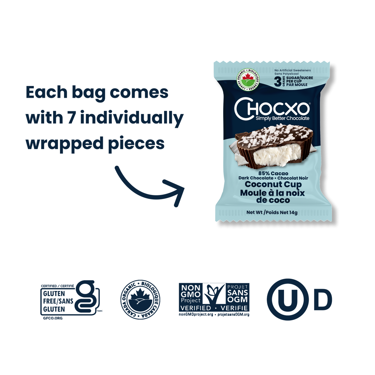 Dark Chocolate Coconut Cups - each bag contains 7 individually wrapped pieces