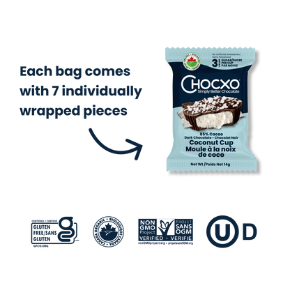 Dark Chocolate Coconut Cups - each bag contains 7 individually wrapped pieces