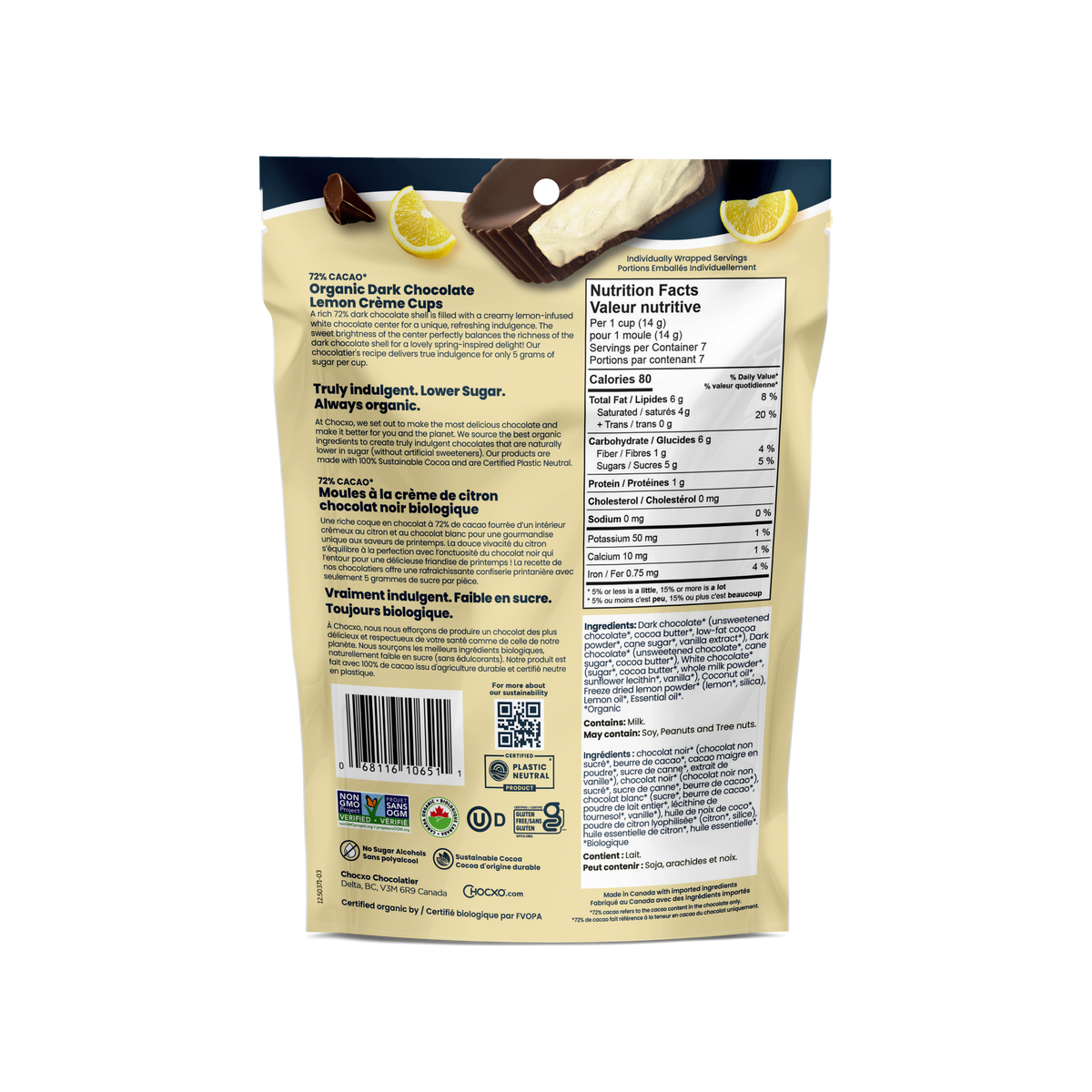 Dark Chocolate Lemon Crème Cups - back of bag with nutrition facts