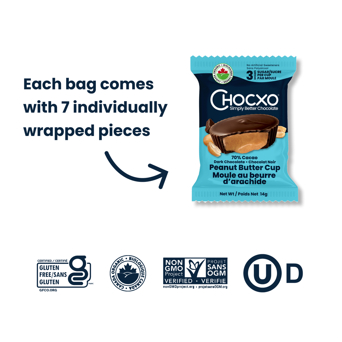Dark Chocolate Peanut Butter Cups - each bag contains 7 individually wrapped pieces