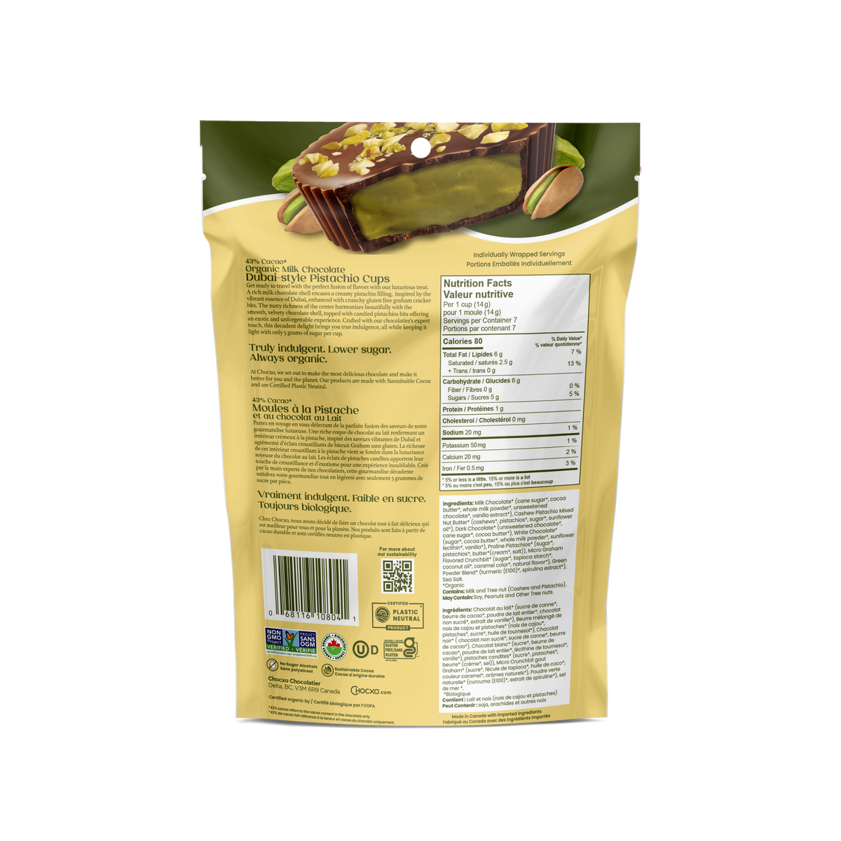 Milk Chocolate Dubai Style Pistachio Cups - back of bag with nutrition facts