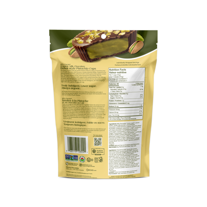 Milk Chocolate Dubai Style Pistachio Cups - back of bag with nutrition facts