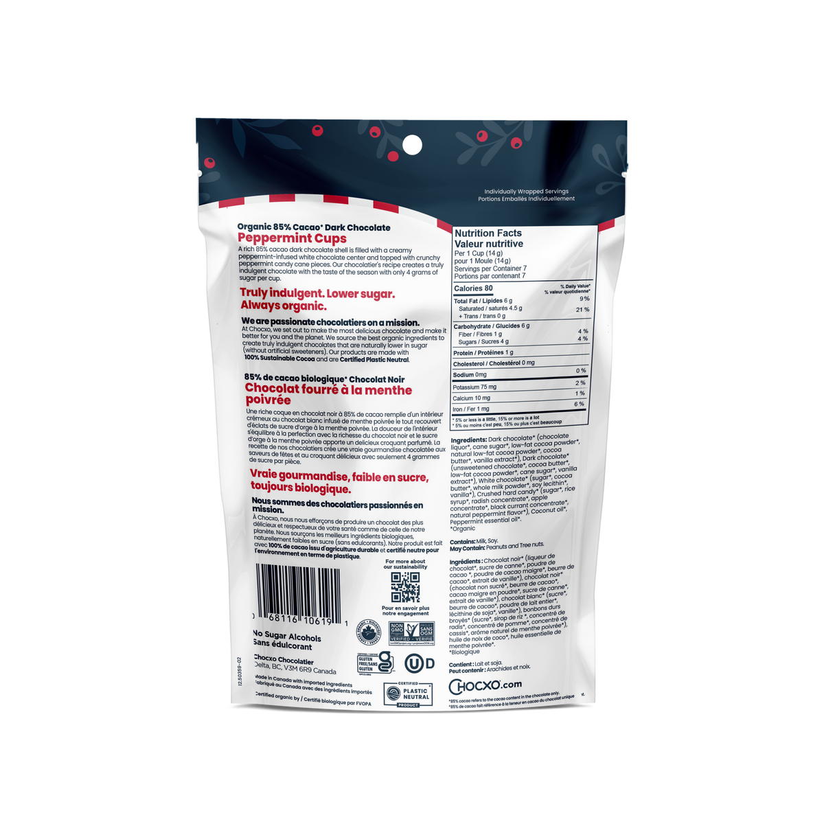 Dark Chocolate Peppermint Cups - back of bag with nutrition facts