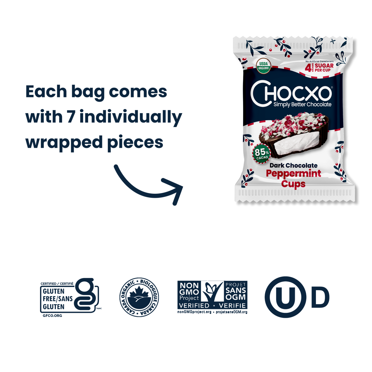 Dark Chocolate Peppermint Cups - each bag contains 7 individually wrapped pieces