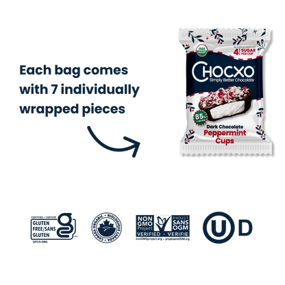 Dark Chocolate Peppermint Cups - each bag contains 7 individually wrapped pieces
