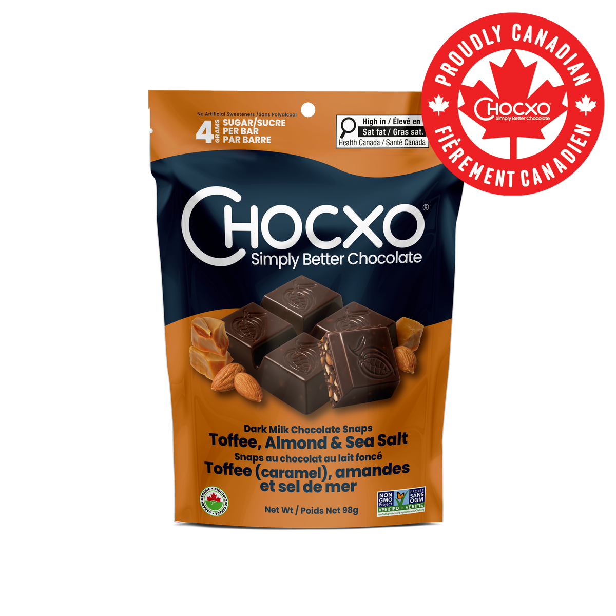 Dark Milk Chocolate Toffee, Almond & Sea Salt Snaps - front of bag