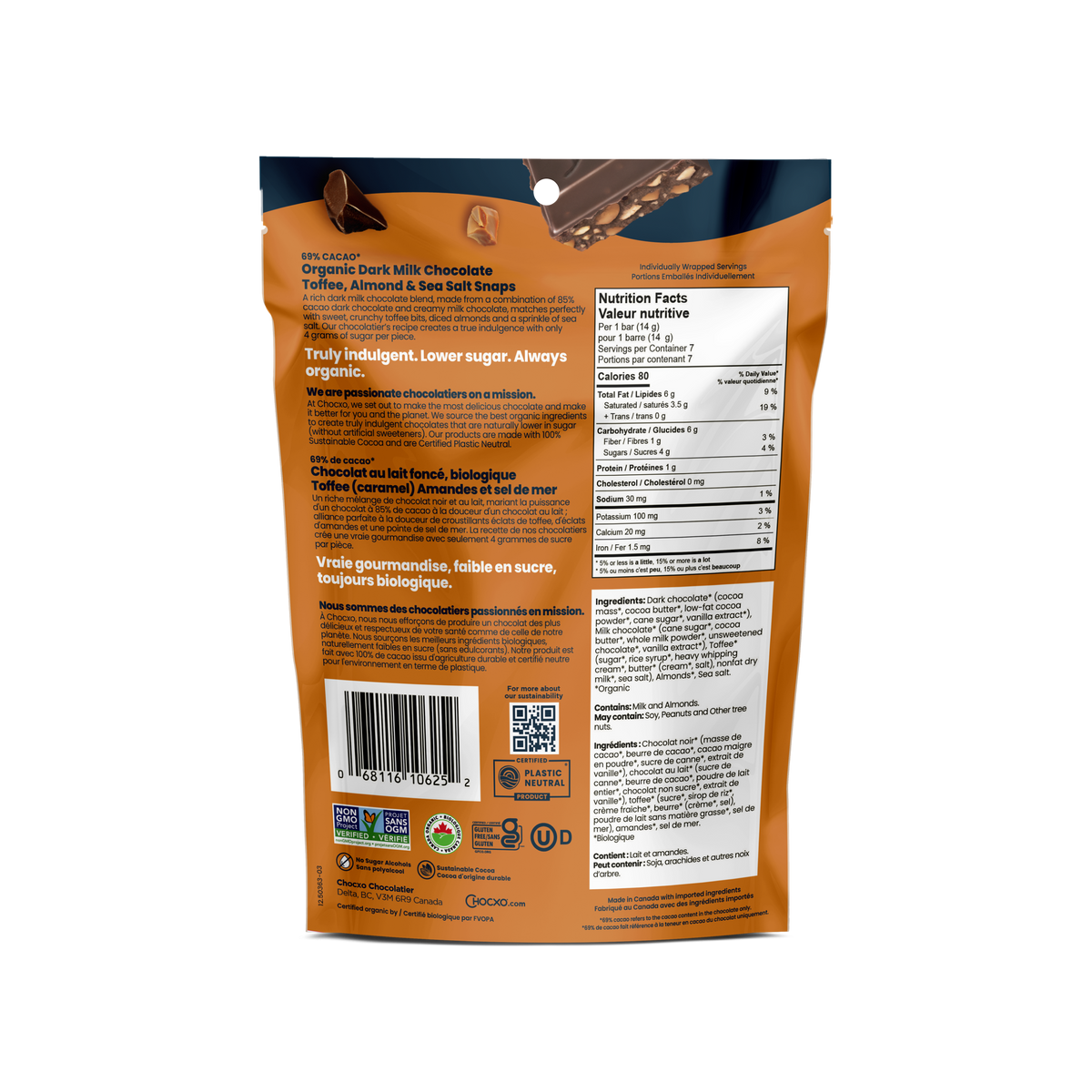 Dark Milk Chocolate Toffee, Almond & Sea Salt Snaps - back of bag with nutrition facts