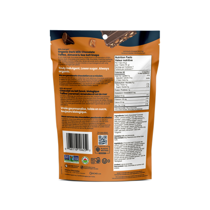 Dark Milk Chocolate Toffee, Almond & Sea Salt Snaps - back of bag with nutrition facts